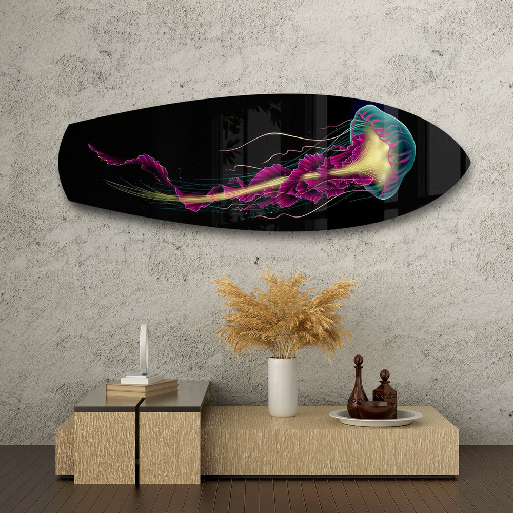 Neon Jellyfish on Black Glass Wall Art.