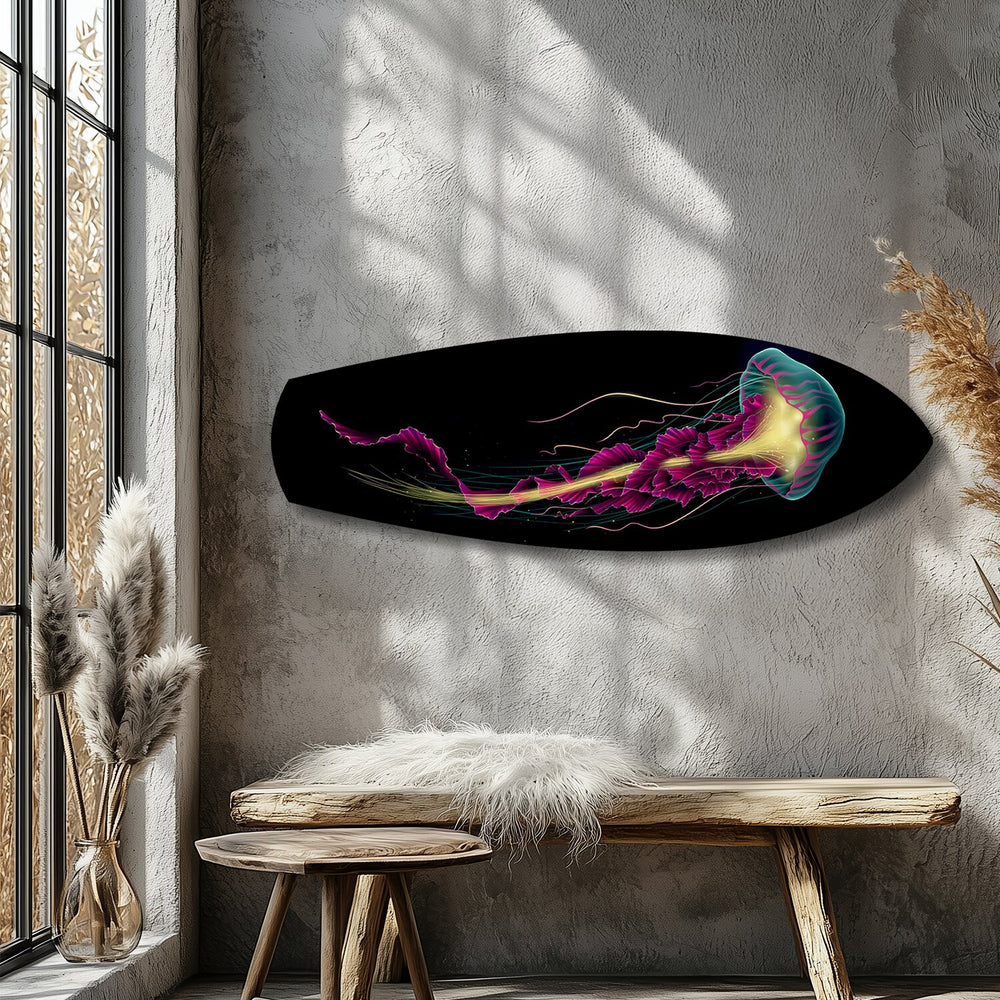 Neon Jellyfish on Black Glass Wall Art.