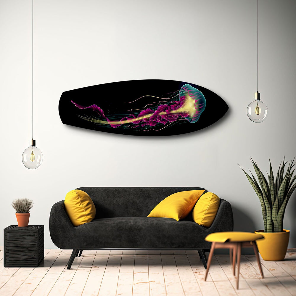 Neon Jellyfish on Black Glass Wall Art.