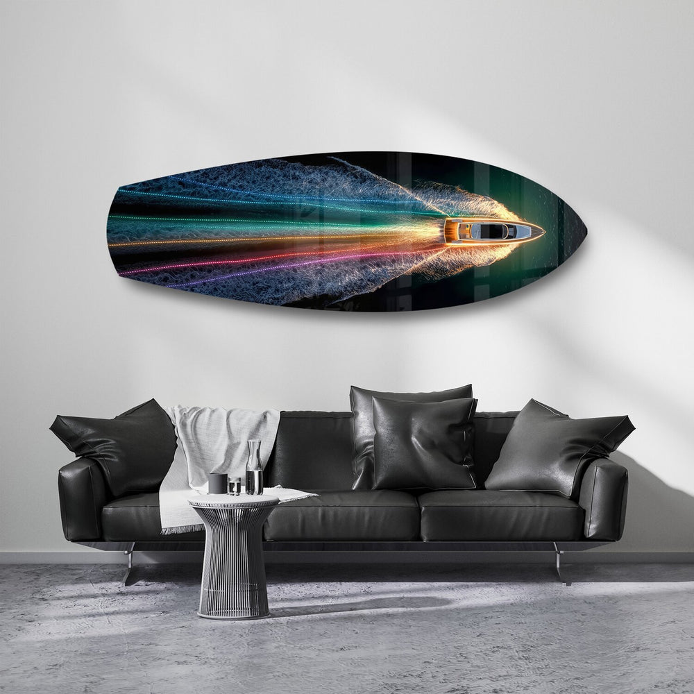 Speedboat Rainbow Light Trails Glass Wall Art.