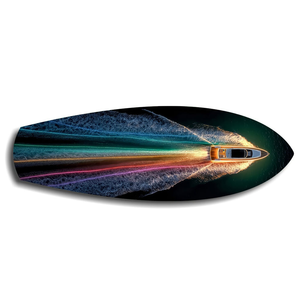Speedboat Rainbow Light Trails Glass Wall Art.