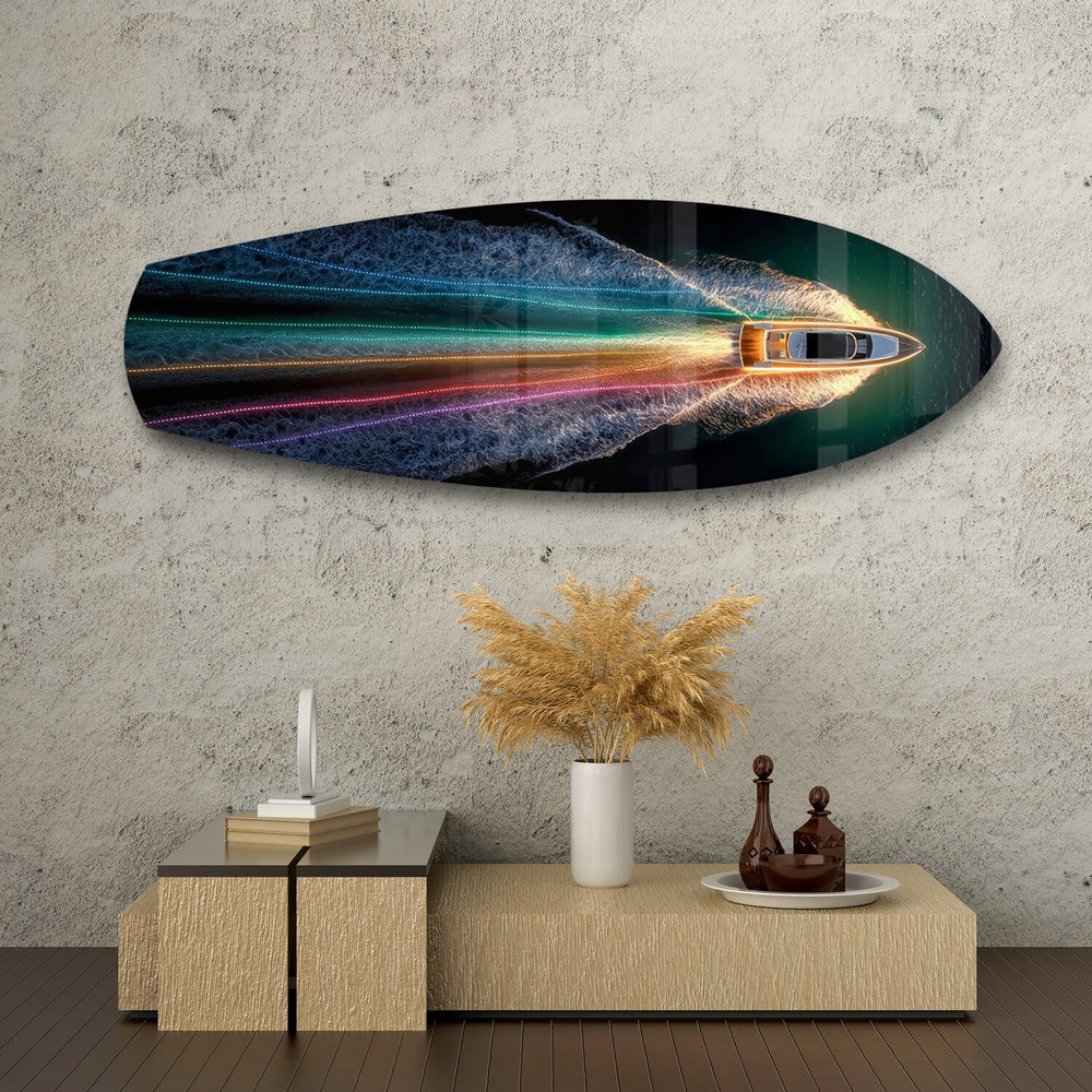 Speedboat Rainbow Light Trails Glass Wall Art.
