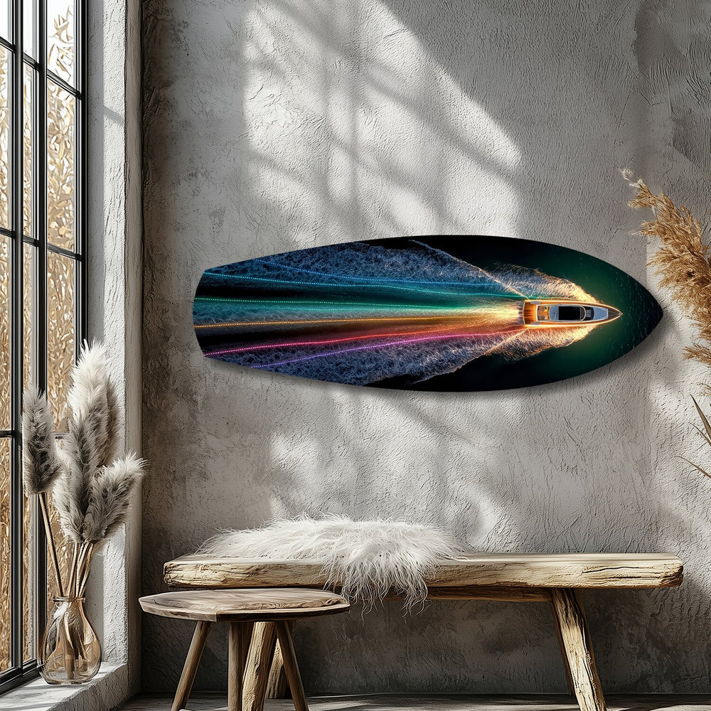 Speedboat Rainbow Light Trails Glass Wall Art.