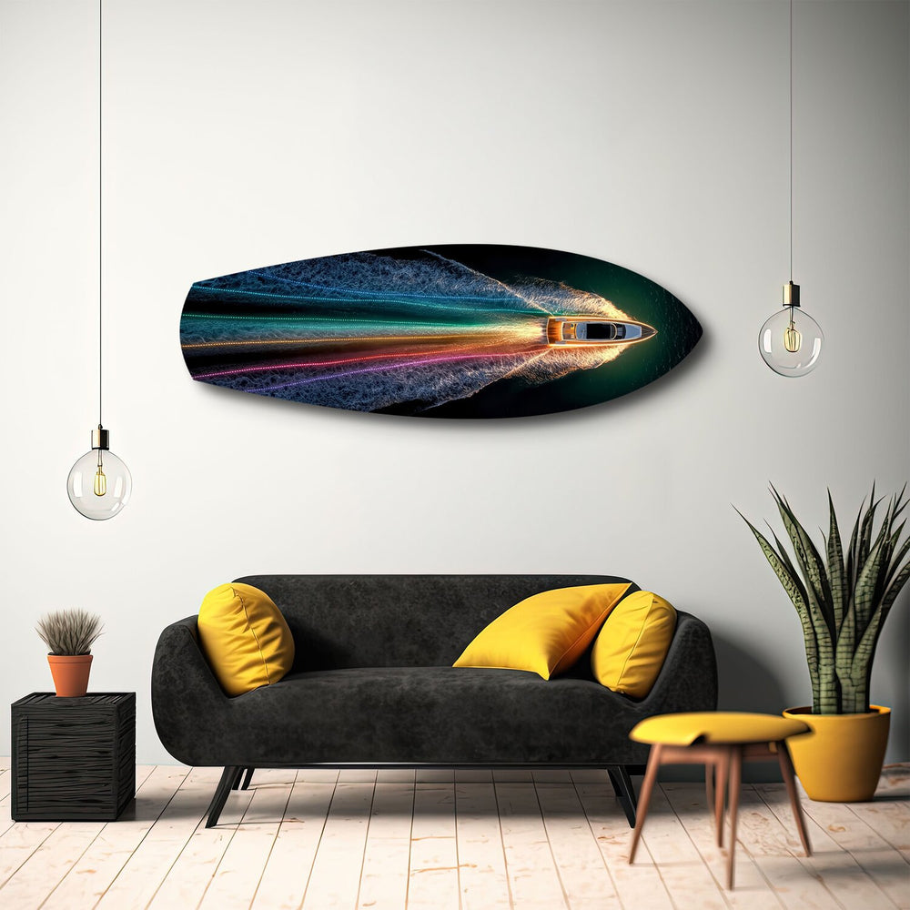 Speedboat Rainbow Light Trails Glass Wall Art.