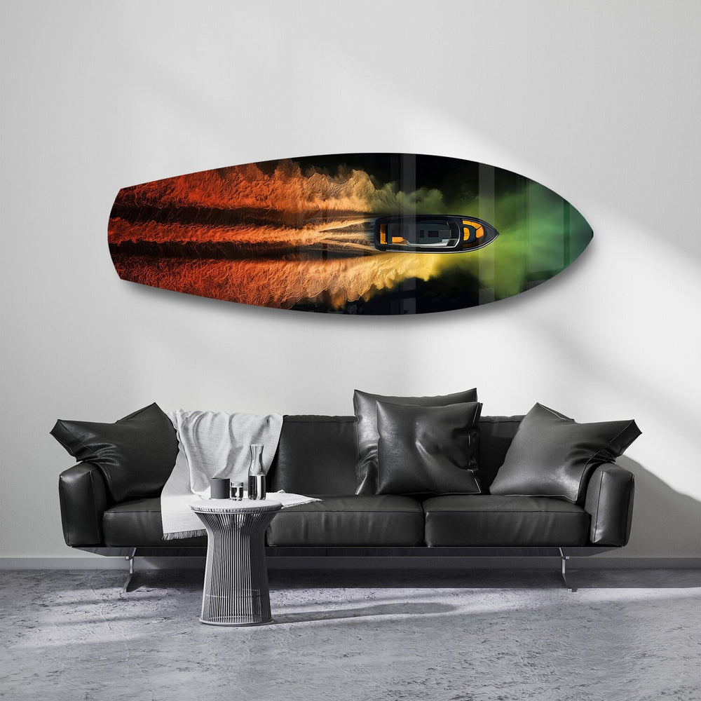 Speedboat Fire and Smoke Trails Glass Wall Art.