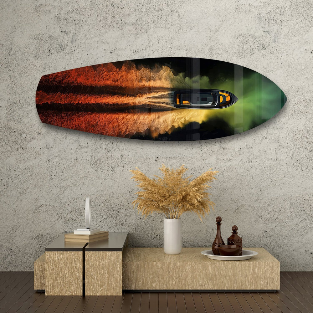 Speedboat Fire and Smoke Trails Glass Wall Art.
