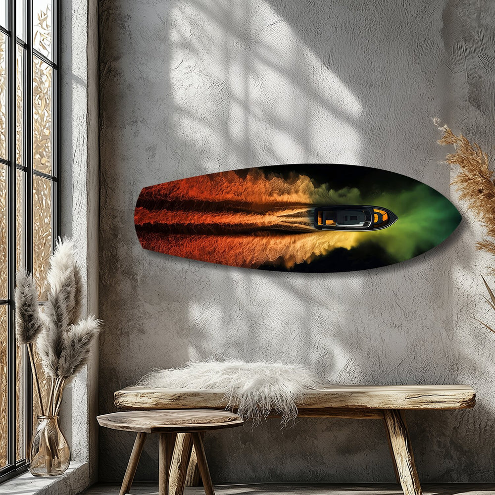 Speedboat Fire and Smoke Trails Glass Wall Art.