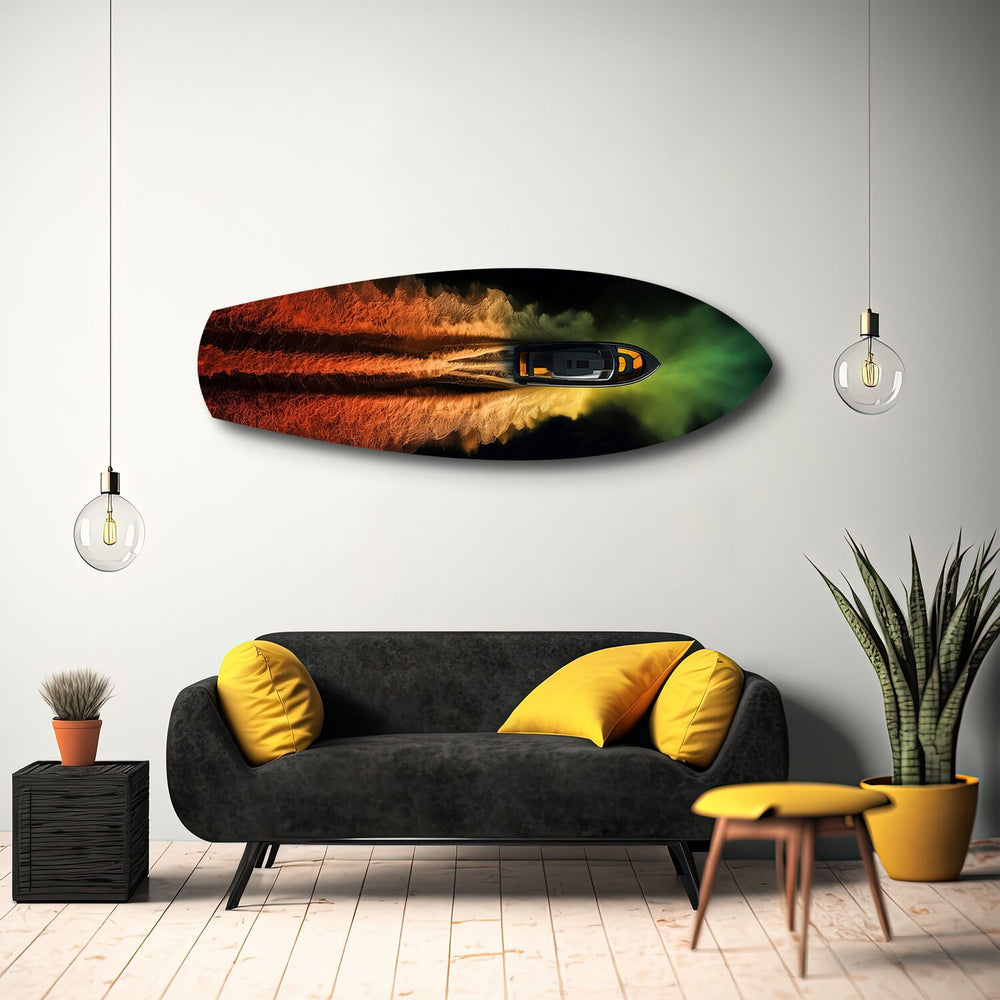 Speedboat Fire and Smoke Trails Glass Wall Art.