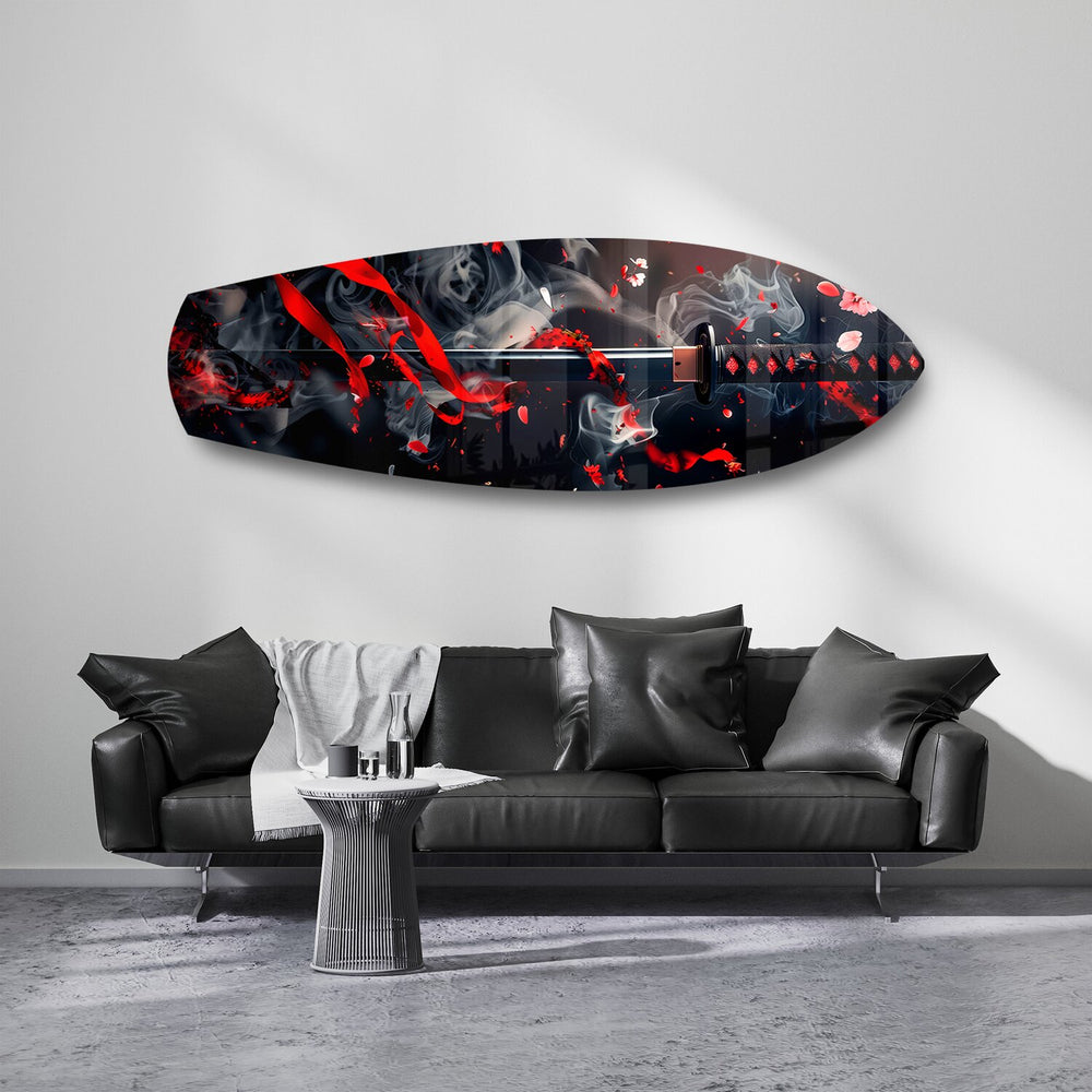 Samurai Katana with Cherry Blossoms Glass Wall Art.