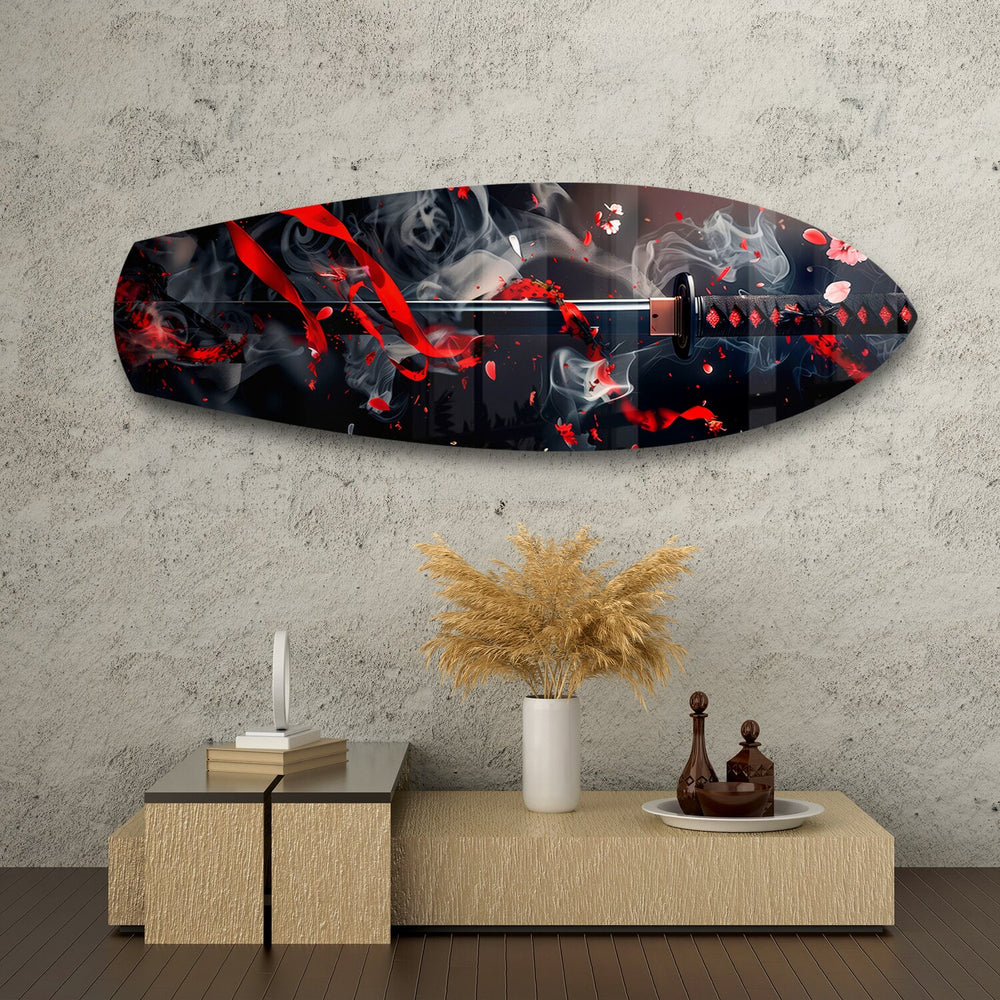Samurai Katana with Cherry Blossoms Glass Wall Art.