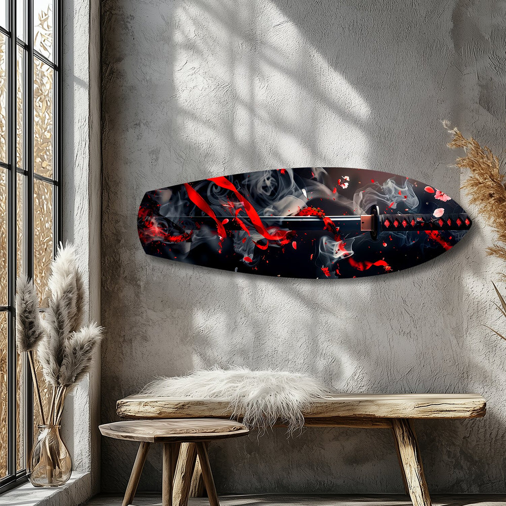 Samurai Katana with Cherry Blossoms Glass Wall Art.