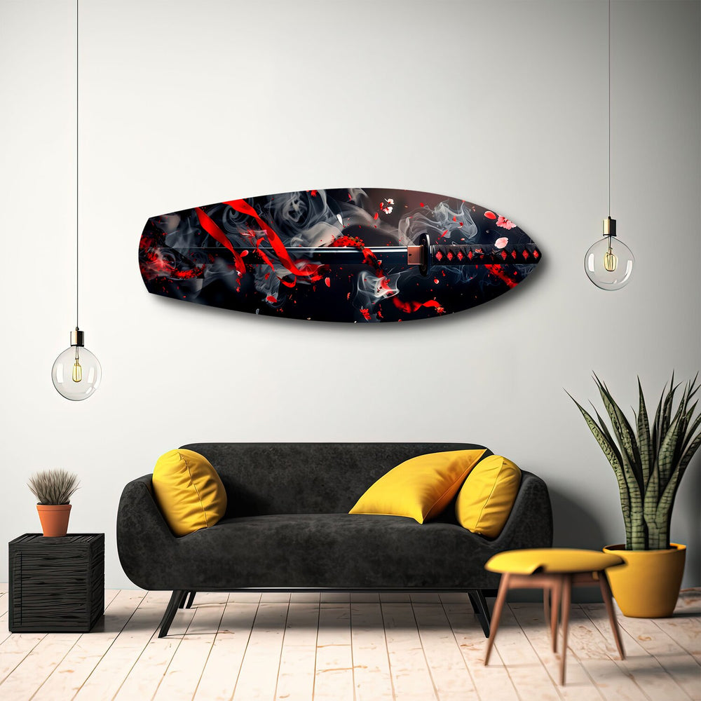 Samurai Katana with Cherry Blossoms Glass Wall Art.