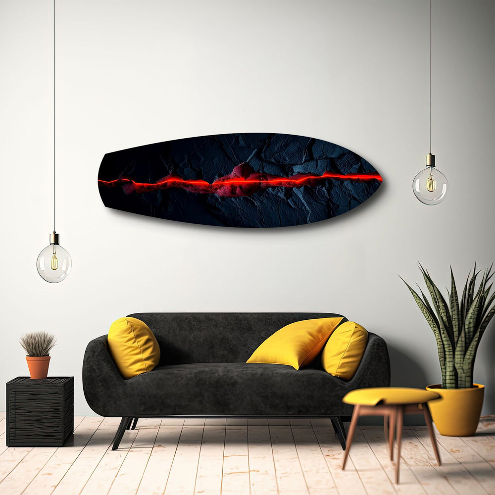 Glowing Lava Crack on Black Stone Glass Wall Art.