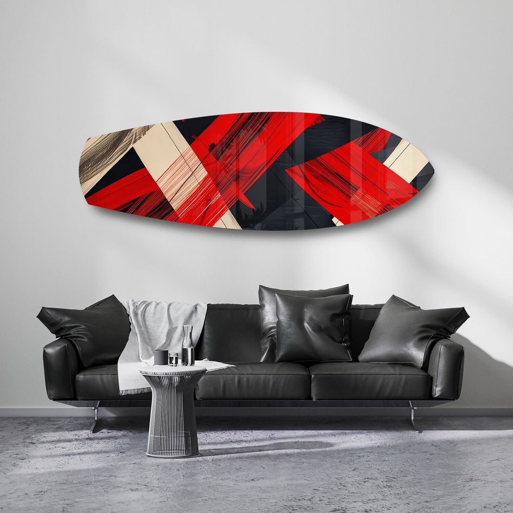 Red Black Geometric Brushstroke Glass Wall Art.