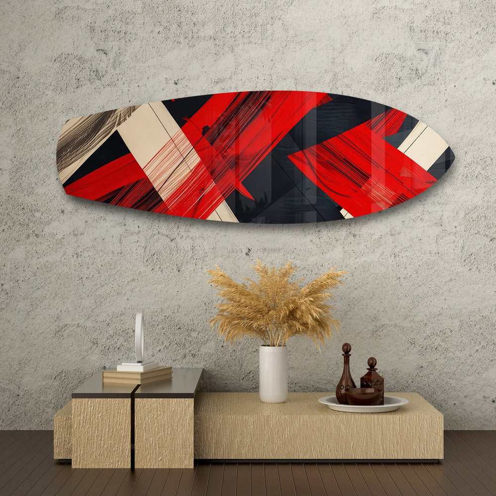 Red Black Geometric Brushstroke Glass Wall Art.