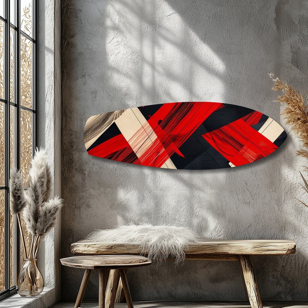 Red Black Geometric Brushstroke Glass Wall Art.