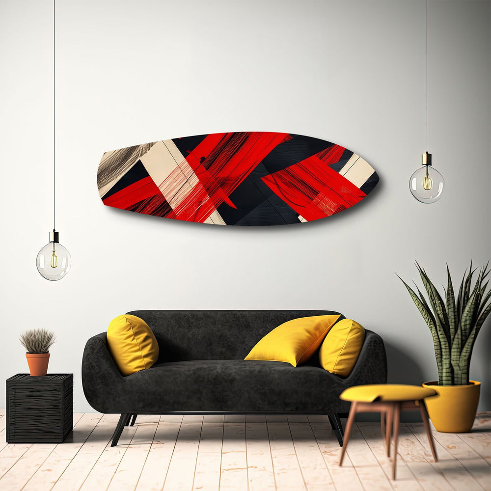 Red Black Geometric Brushstroke Glass Wall Art.