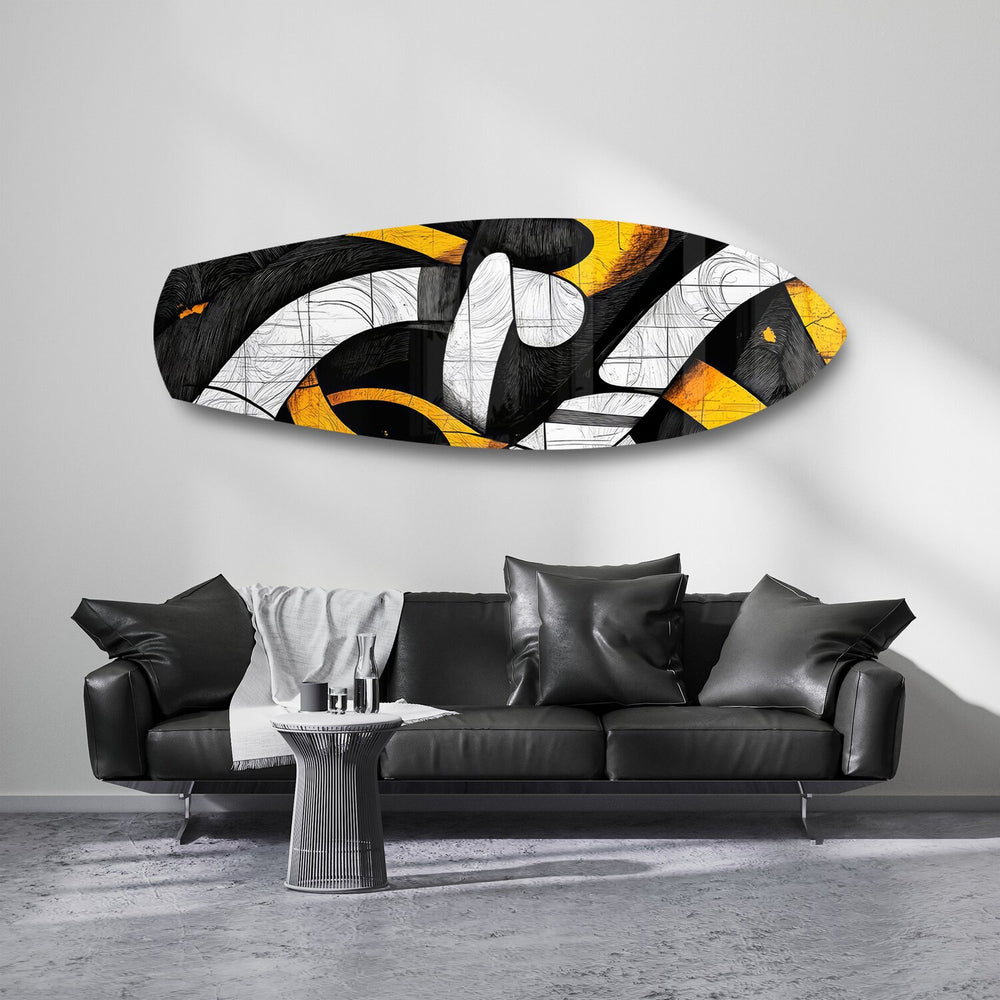 Yellow Black Abstract Graffiti Glass Wall Art.