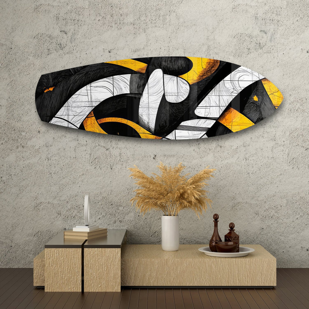 Yellow Black Abstract Graffiti Glass Wall Art.