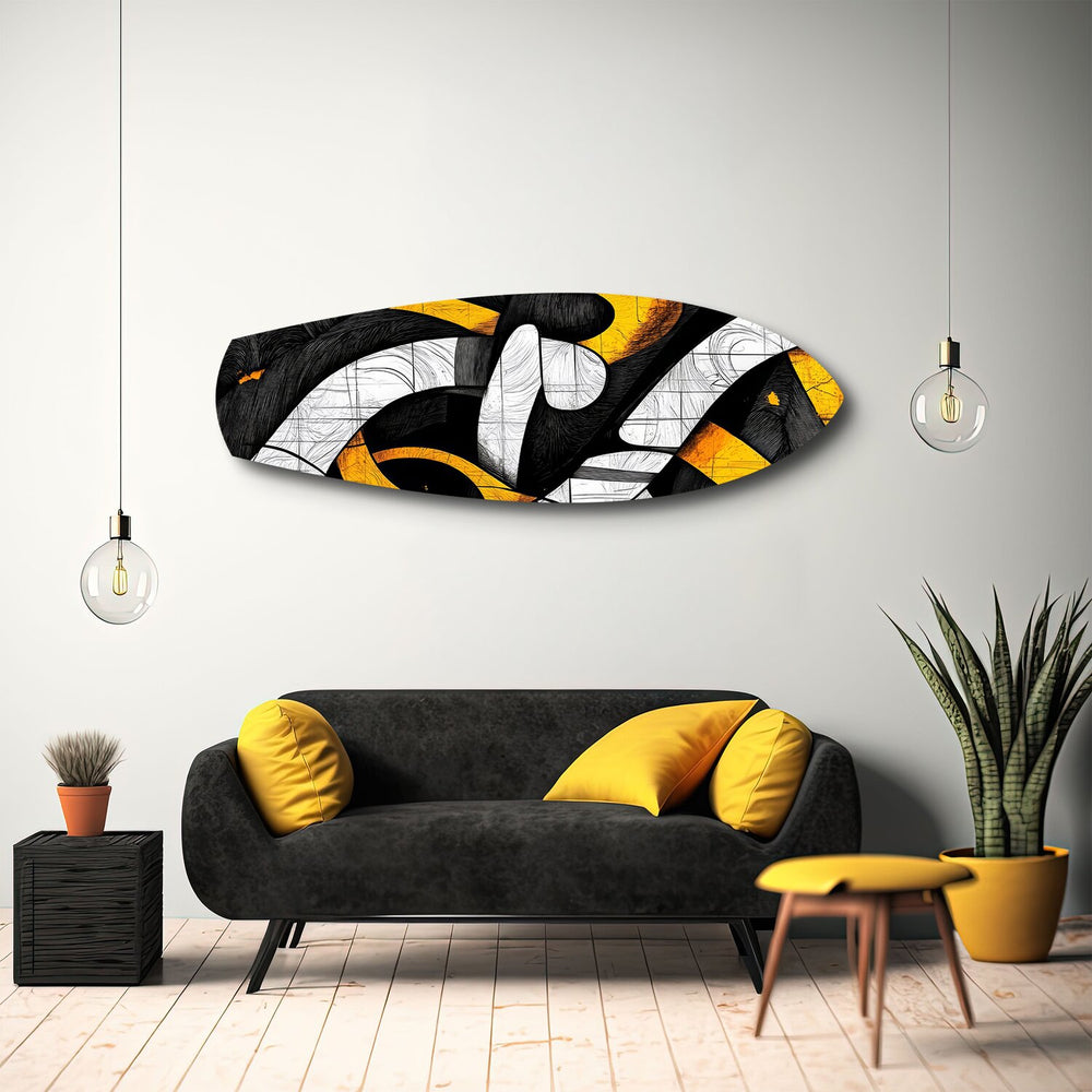 Yellow Black Abstract Graffiti Glass Wall Art.