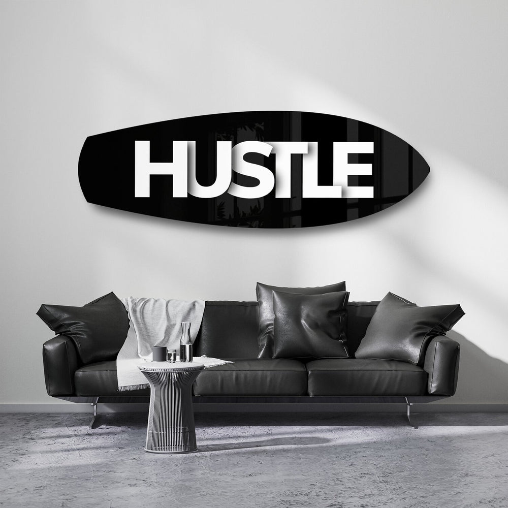 Hustle Typography Motivational Glass Wall Art.