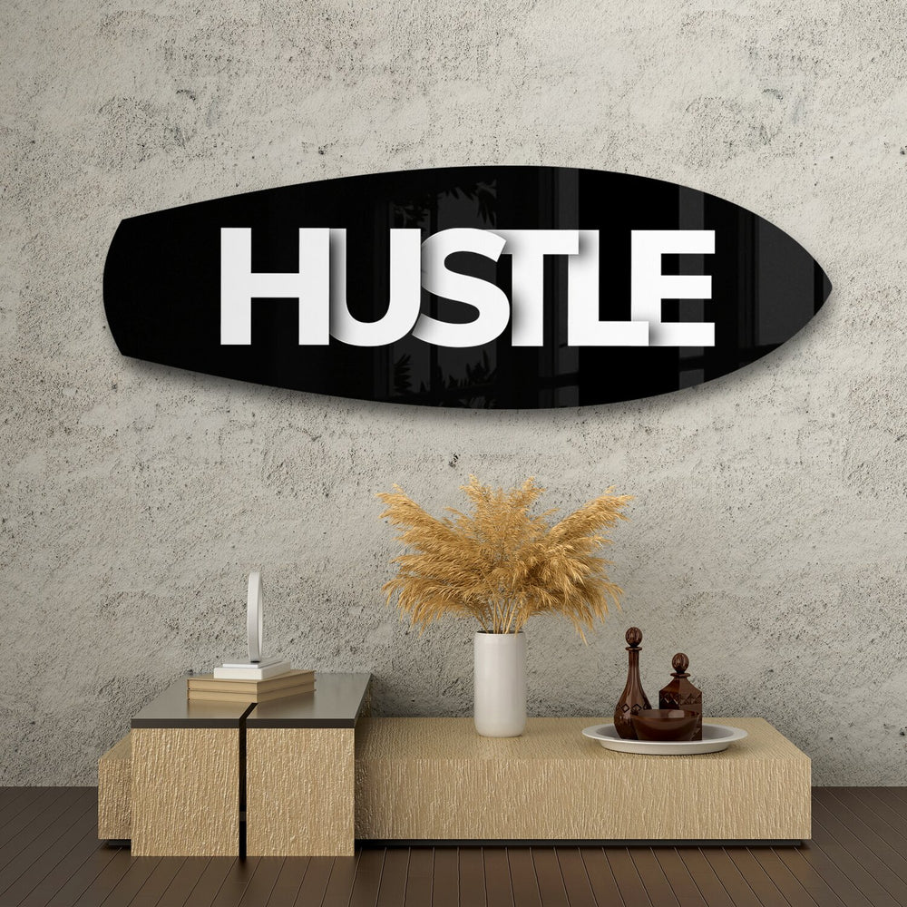 Hustle Typography Motivational Glass Wall Art.