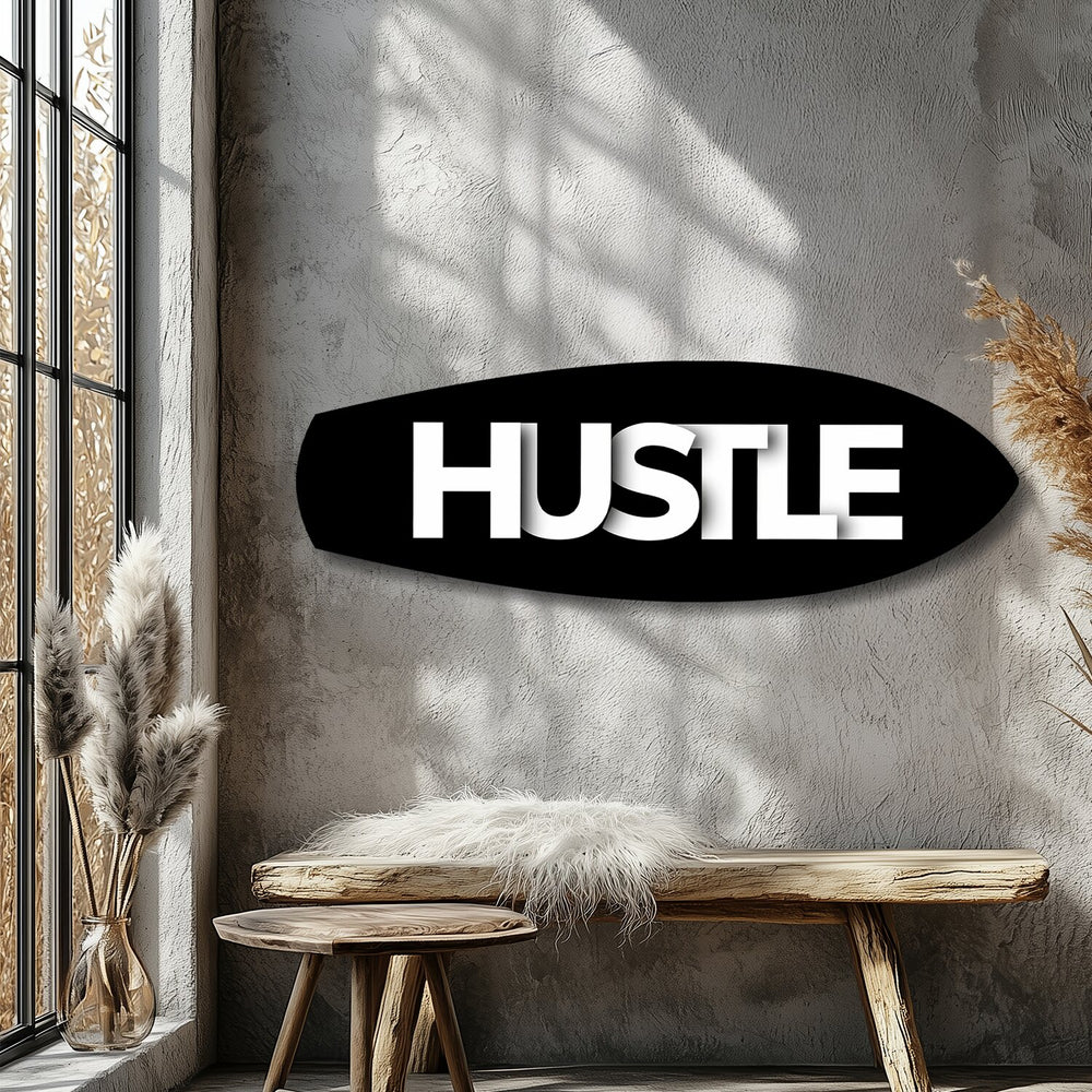 Hustle Typography Motivational Glass Wall Art.