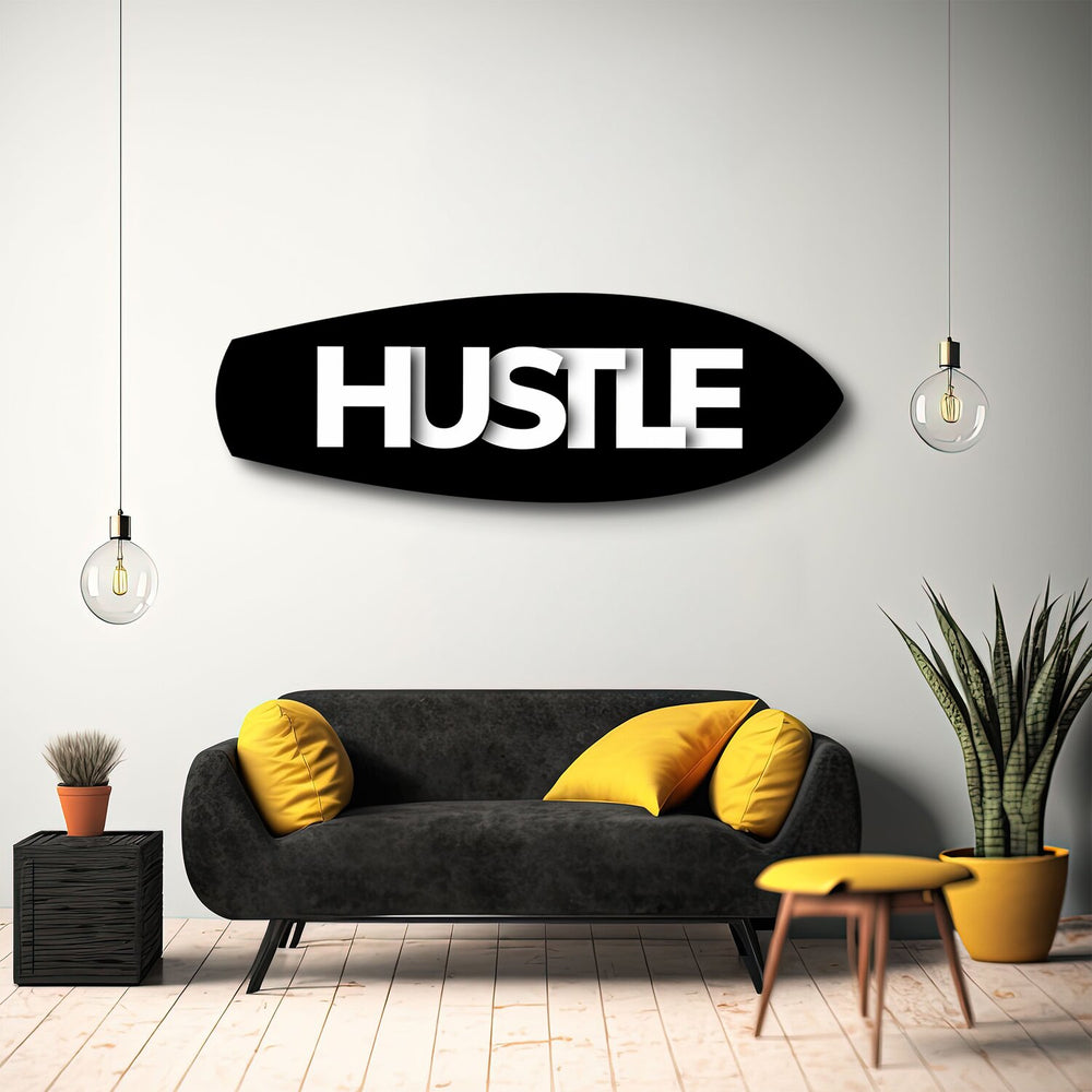 Hustle Typography Motivational Glass Wall Art.