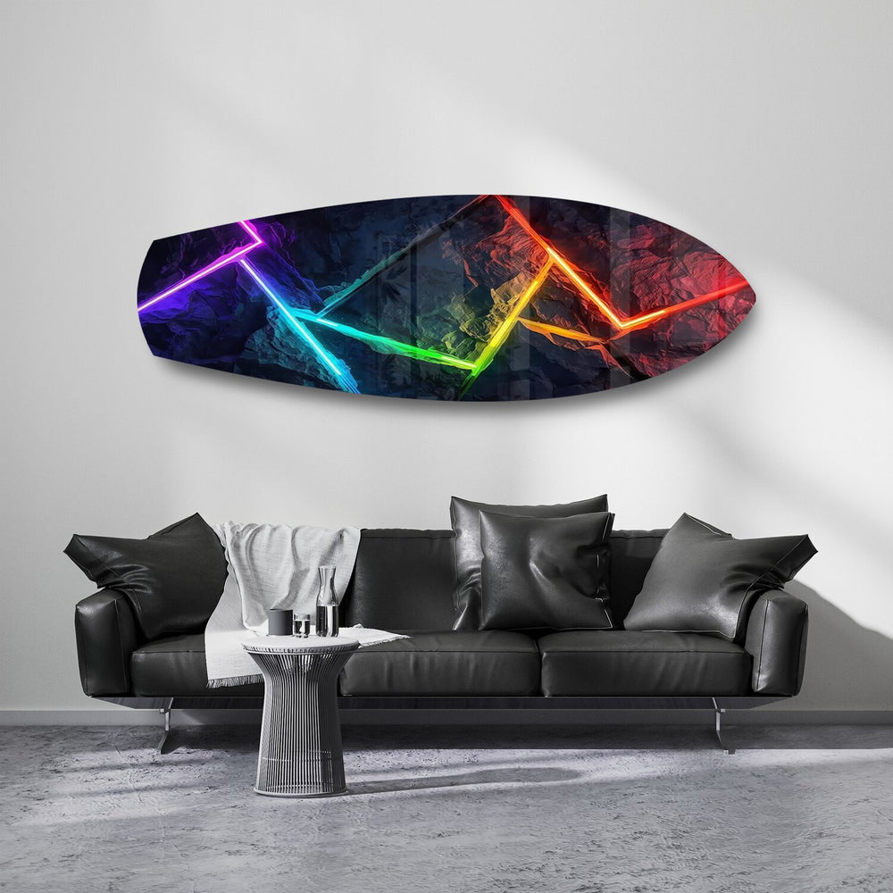 Neon Rainbow Lines Stone Abstract Glass Wall Art.