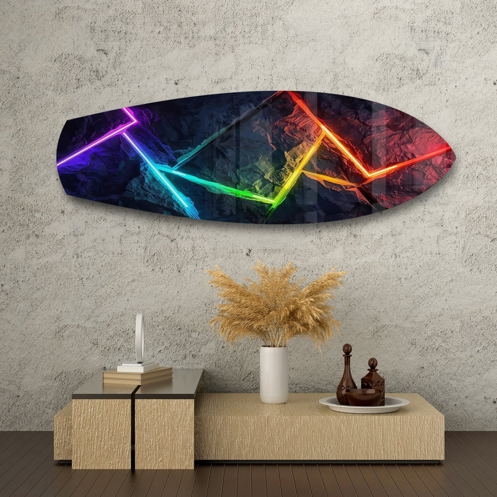 Neon Rainbow Lines Stone Abstract Glass Wall Art.