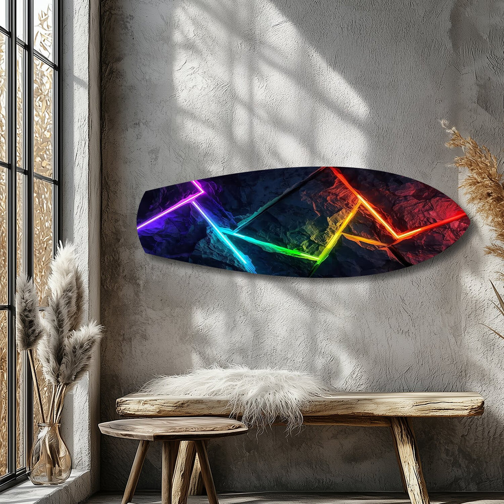 Neon Rainbow Lines Stone Abstract Glass Wall Art.