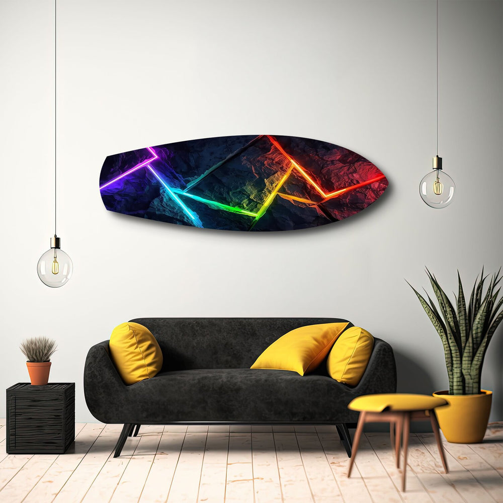 Neon Rainbow Lines Stone Abstract Glass Wall Art.