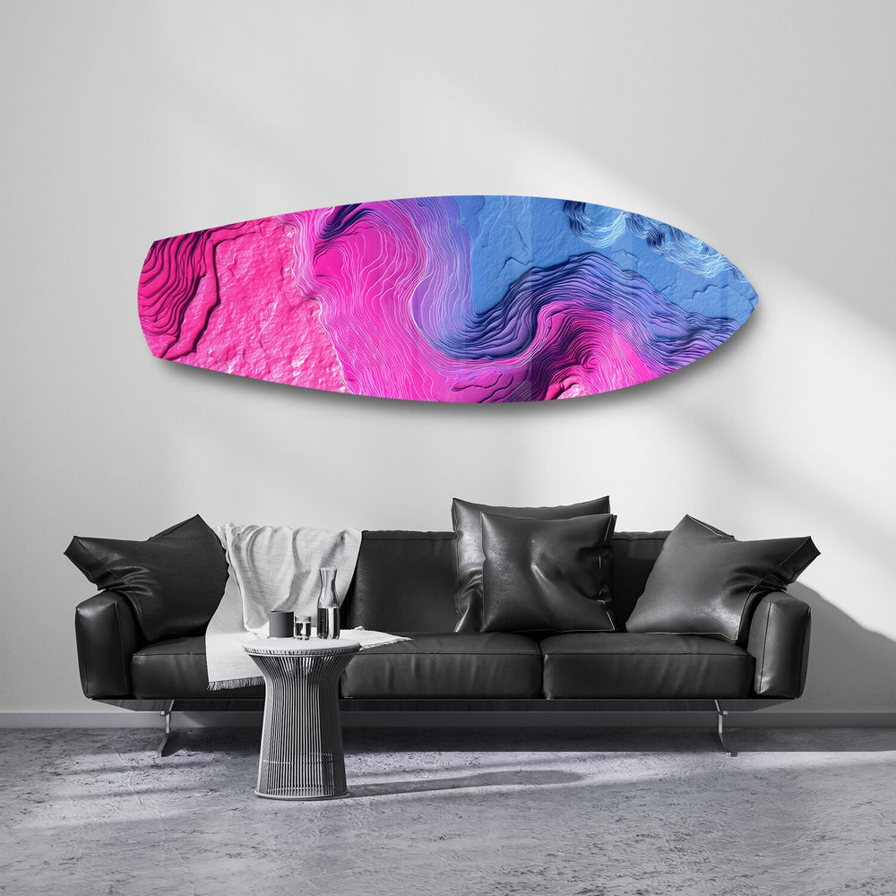 Pink Blue Topographic Wave Abstract Glass Wall Art.