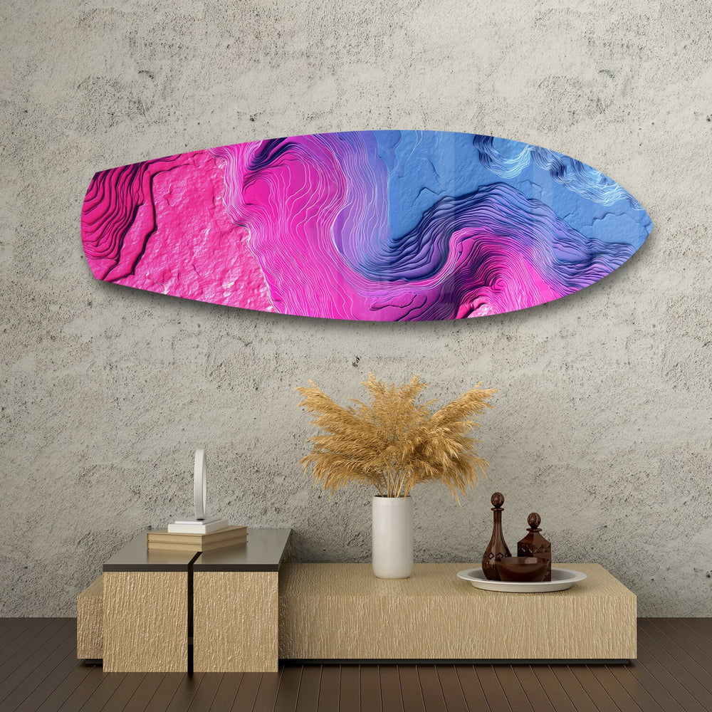 Pink Blue Topographic Wave Abstract Glass Wall Art.