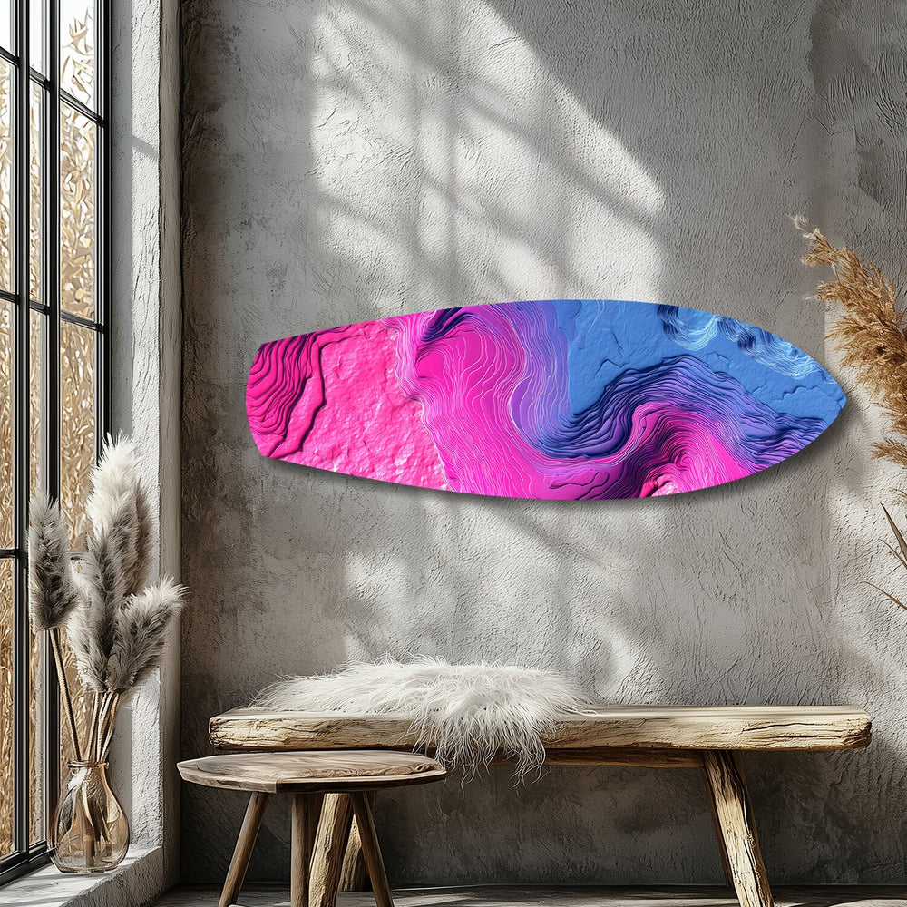 Pink Blue Topographic Wave Abstract Glass Wall Art.