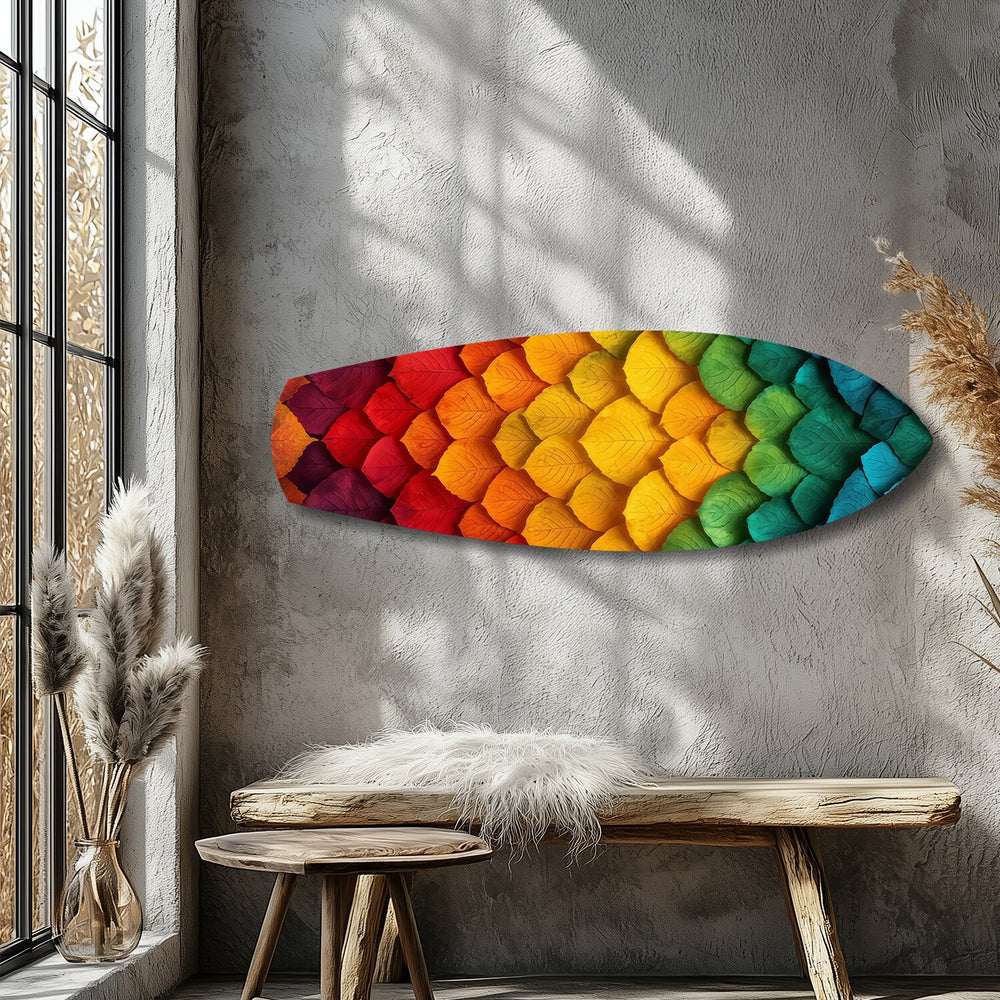 Rainbow Layered Leaves Abstract Glass Wall Art.