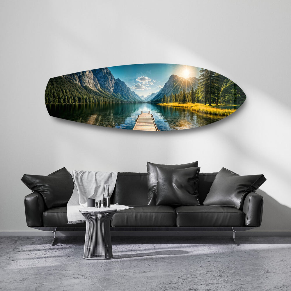Mountain Lake Dock Sunrise Glass Wall Art.