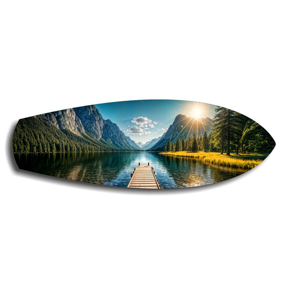 Mountain Lake Dock Sunrise Glass Wall Art.