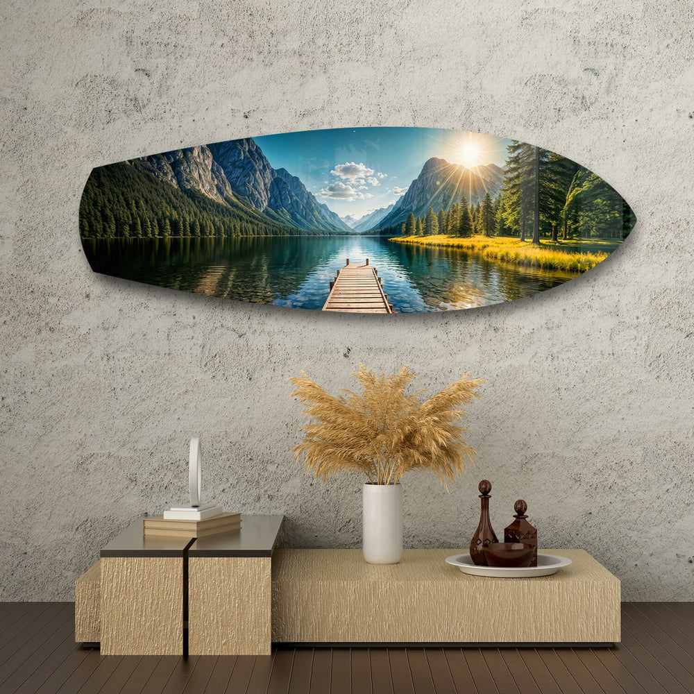 Mountain Lake Dock Sunrise Glass Wall Art.