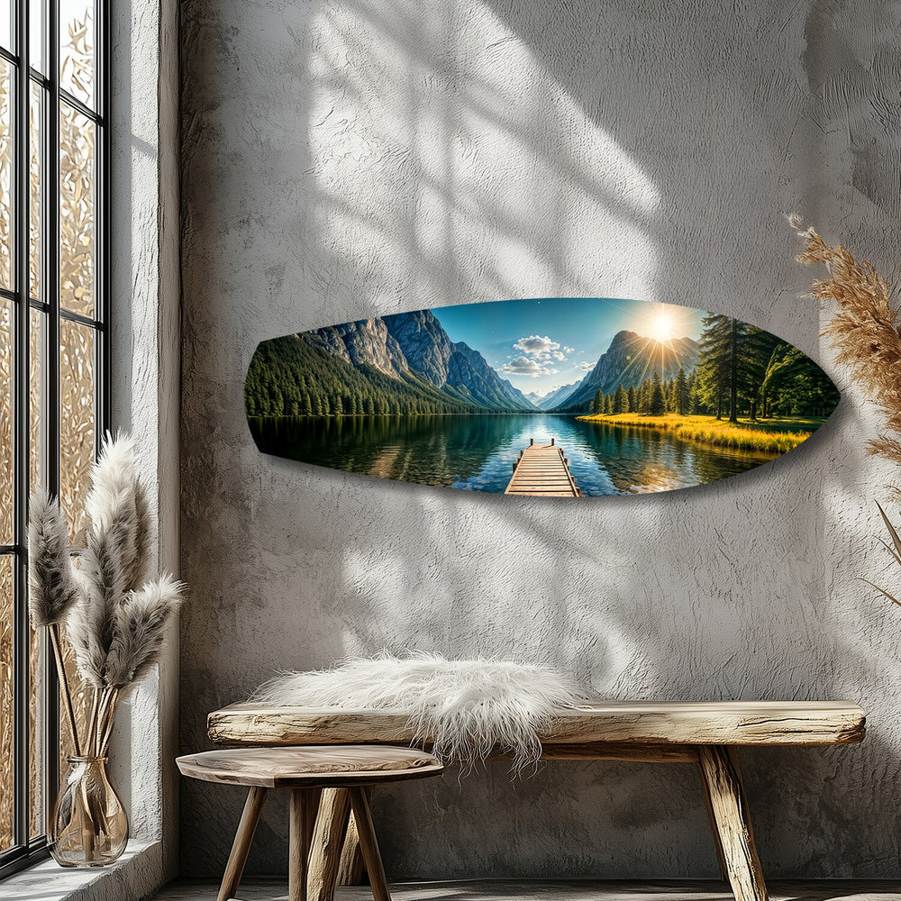 Mountain Lake Dock Sunrise Glass Wall Art.