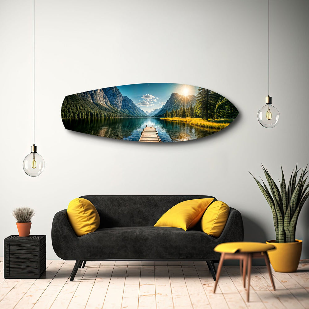 Mountain Lake Dock Sunrise Glass Wall Art.