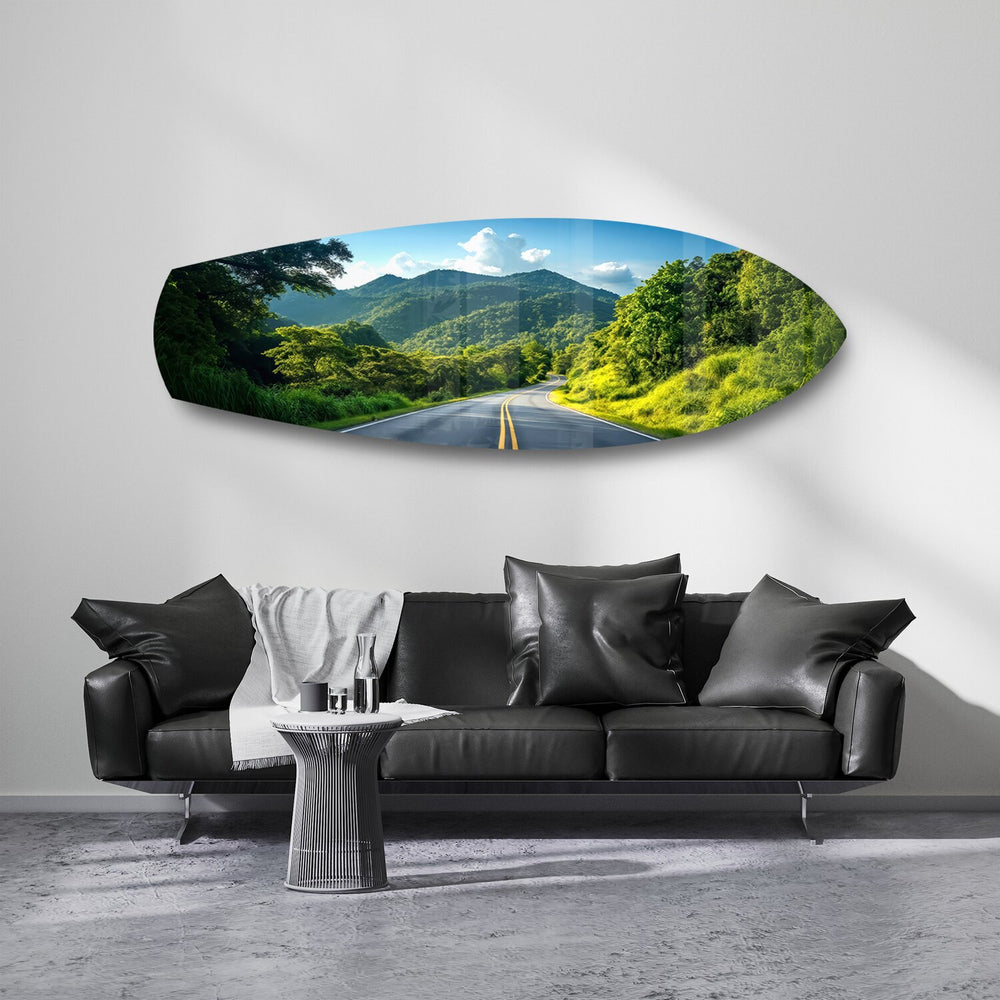 Forest Mountain Road Landscape Glass Wall Art.