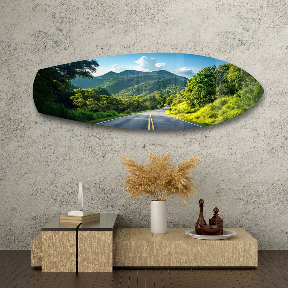 Forest Mountain Road Landscape Glass Wall Art.