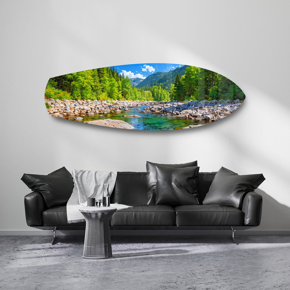 Mountain River Forest Landscape Glass Wall Art.