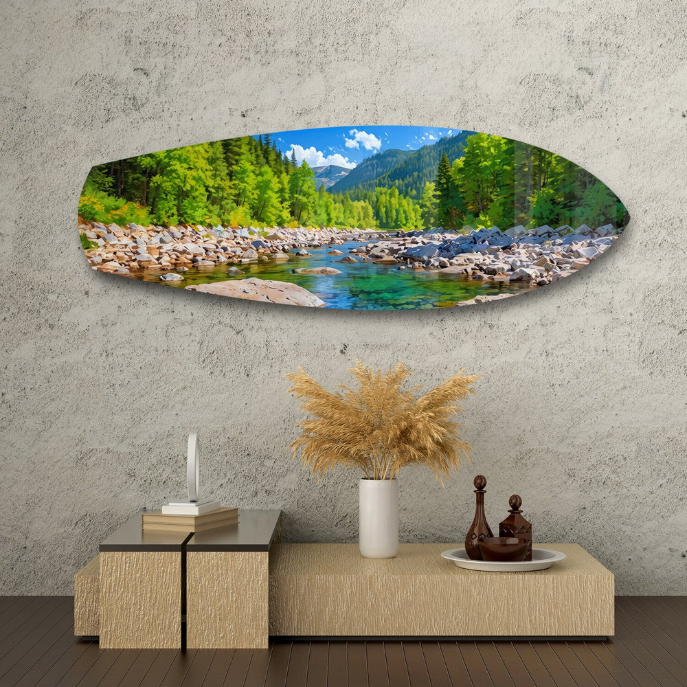 Mountain River Forest Landscape Glass Wall Art.