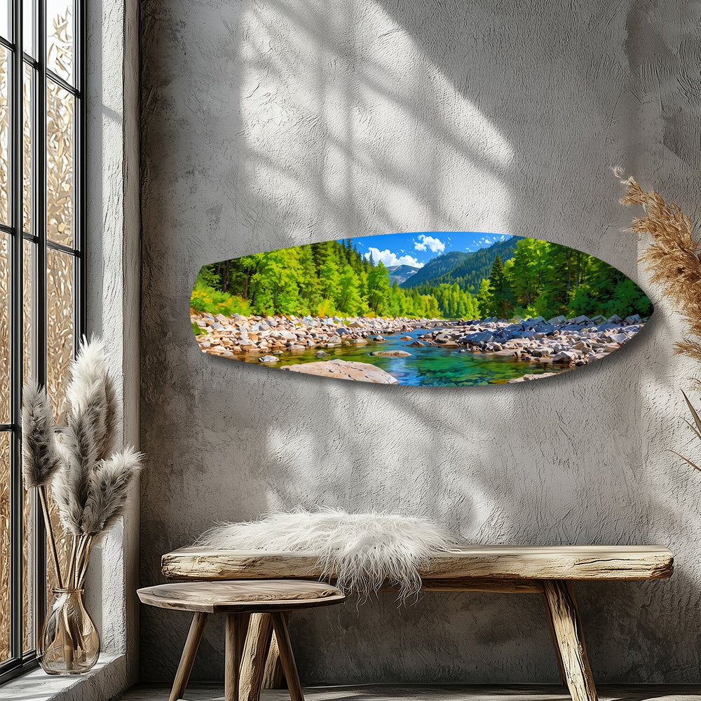 Mountain River Forest Landscape Glass Wall Art.