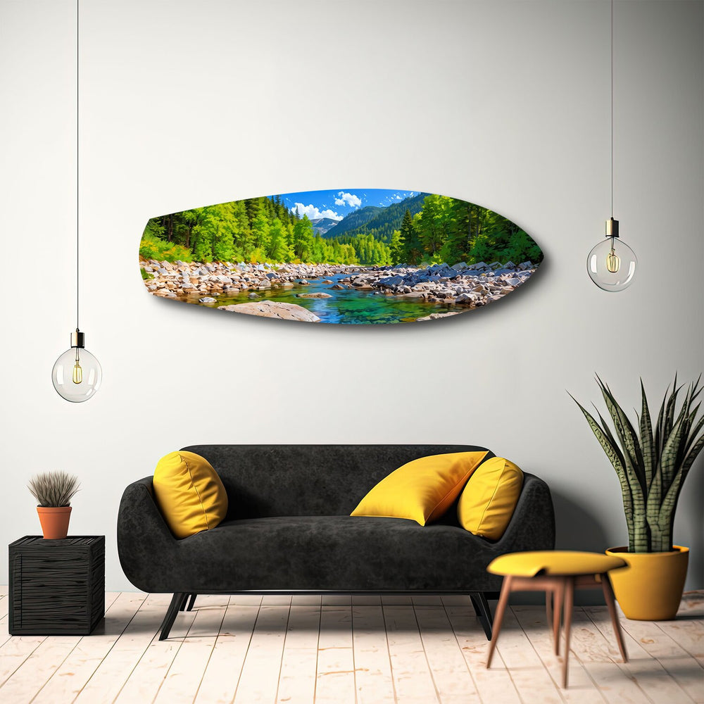 Mountain River Forest Landscape Glass Wall Art.
