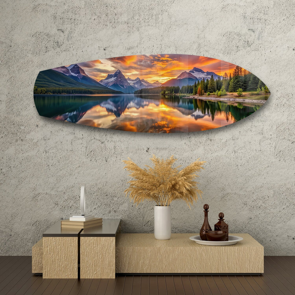 Mountain Lake Sunset Glass Wall Art.