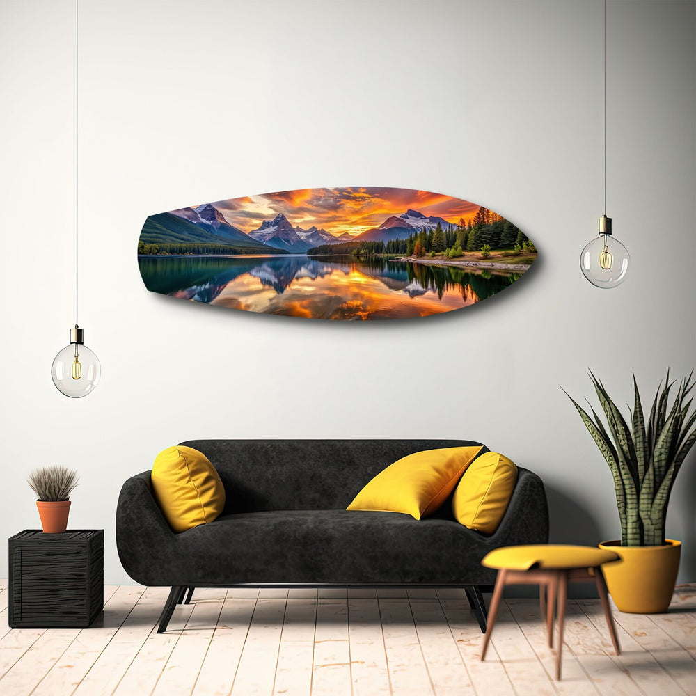 Mountain Lake Sunset Glass Wall Art.