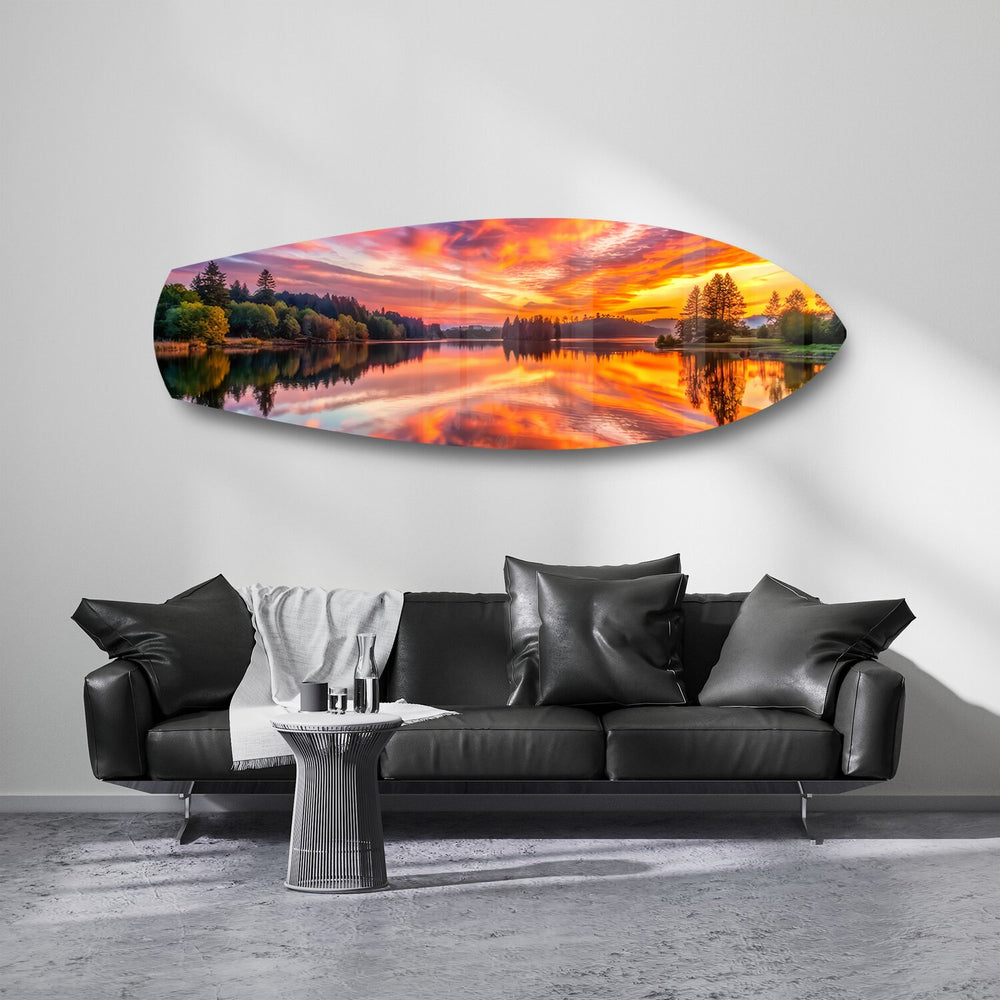 Fiery Lake Sunset Reflection Glass Wall Art.